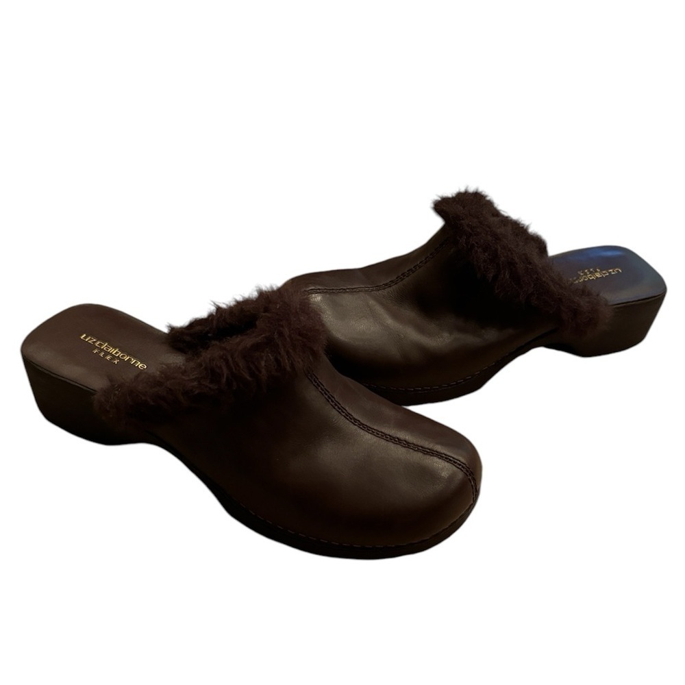 Liz Claiborne Dark Brown Leather Mules with Fur Trim